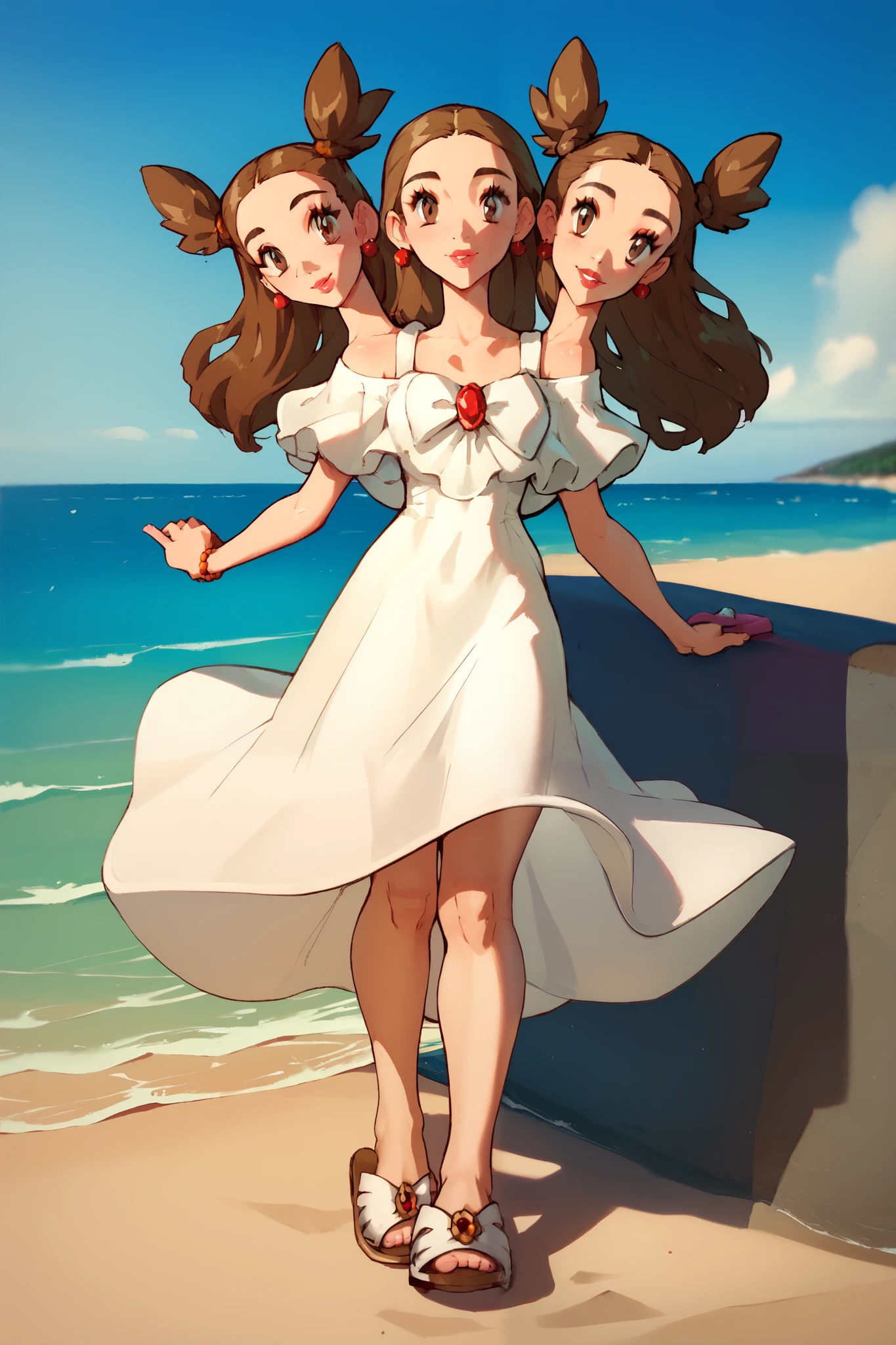 Conjoined, two heads, score_9, score_8_up, score_7_up,  EPpkJasmine,, brown eyes, brown hair, brown pigtails, light skin,, dress, white dress, no makeup, small earrings, jewelry, white dress slippers, looking at viewer, beach,