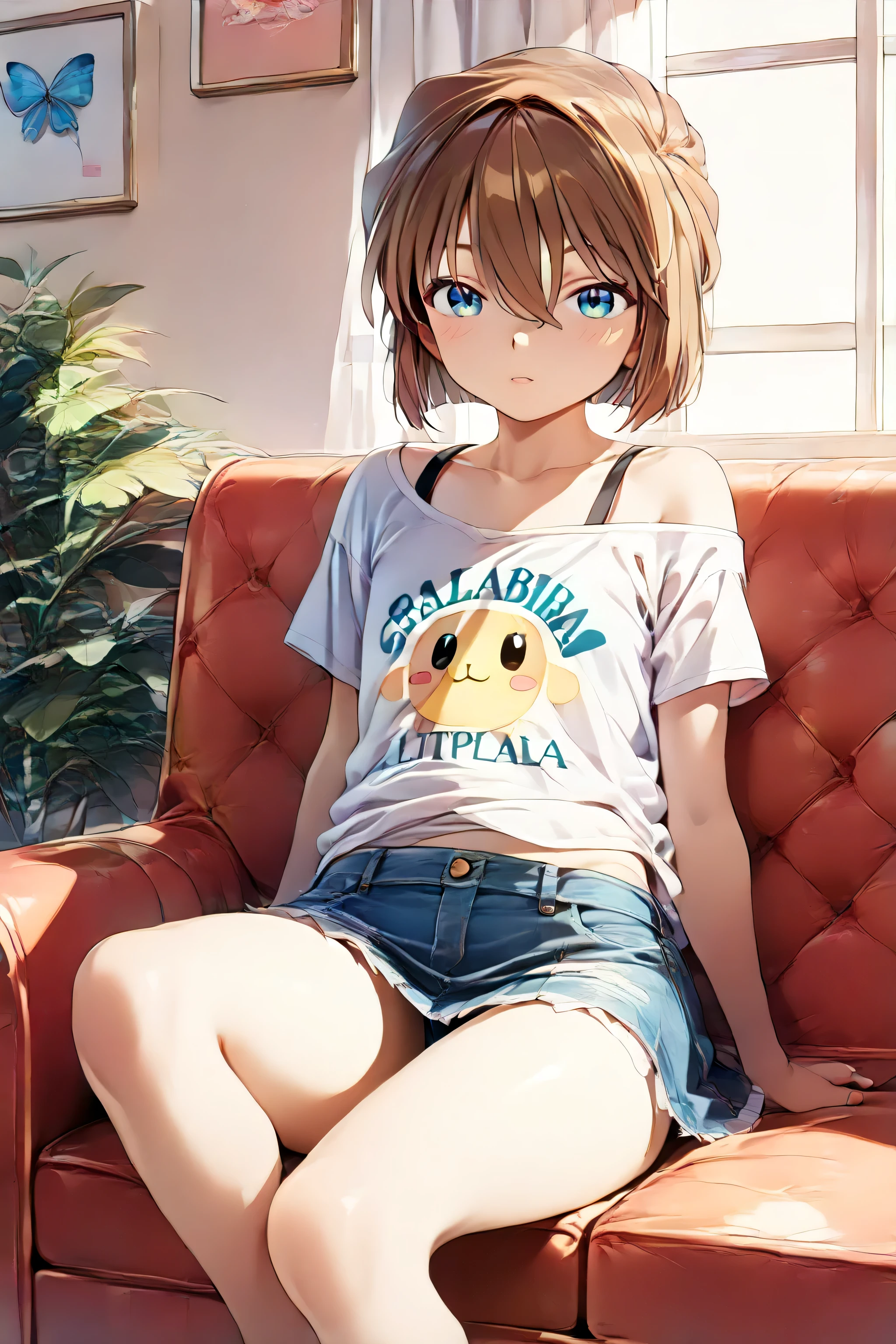 Masterpiece,,score_9,score_8_up,score_7_up,Haibara Ai,short hair,brown hair,blue eyes,hair between eyes,(((very little female:1.9, very little female:1.9 ))),sitting sofa,denim mini skirt,off shoulder large size t-shirt,