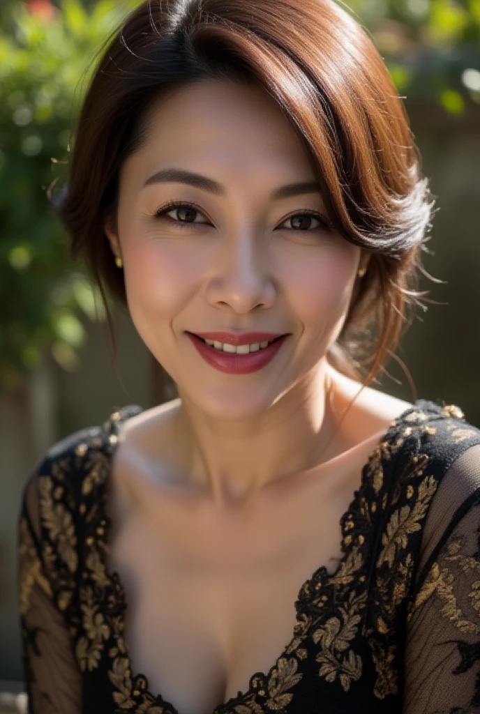 Mature Woman, ( detailed description of hair ), (Detailed description of the face), (Detailed description of the body), high definition , masterpiece,  top quality,  High Details, formal: 1.4), ( realistic : 1.2, 超 realistic な: 1.1,  realistic: 1.37), ( sharp focus: 1.4),  is written by,  physically-based rendering,asymmetrical hair ,  unrivaled beauty , (Ultimate beauty), (lipstick:1.1), ( eyeliner :1.2), ( mascara), ( Eye Shadow ), (48 years old,: 1.4), Japanese、 closeup 、 fine lines of laughter :1.2、seductive smile,(black x gold leaf pattern dress)、(old western-style garden background )