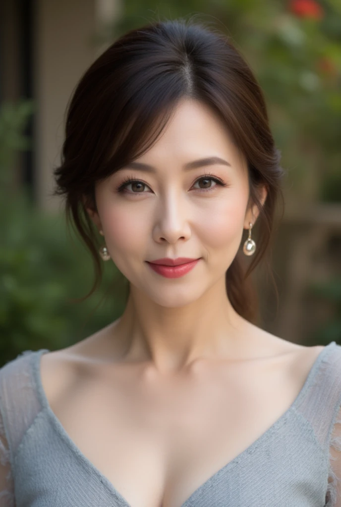 Mature Woman, ( detailed description of hair ), (Detailed description of the face), (Detailed description of the body), high definition , masterpiece,  top quality,  High Details, formal: 1.4), ( realistic : 1.2, 超 realistic な: 1.1,  realistic: 1.37), ( sharp focus: 1.4),  is written by,  physically-based rendering,asymmetrical hair ,  unrivaled beauty , (Ultimate beauty), (lipstick:1.1), ( eyeliner :1.2), ( mascara), ( Eye Shadow ), (48 years old,: 1.4), Japanese、 closeup 、 fine lines of laughter :1.2、seductive smile,(pale blue x striped dress)、(old western-style garden background )