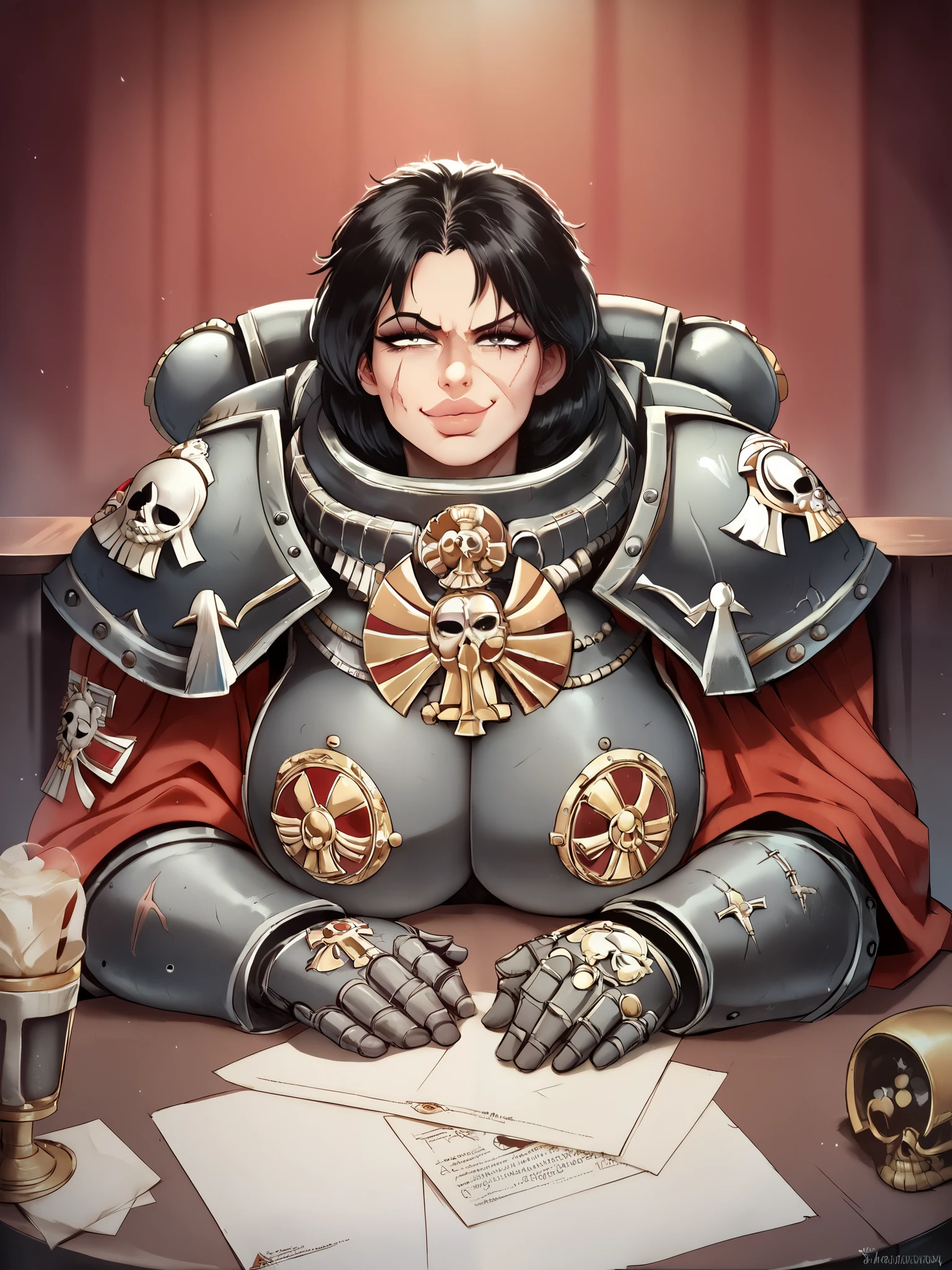 source_anime,  Warhammer 40k Sisters of battle/sororitas, white black hair, sister of battle order of the sacred rose, mature, scars,
1girl, big lips, solo, beautiful eyes, detailed face, sitting at restaurant table, wearing Sisters of battle/sororitas armor,  huge breasts, breasts on table, thickthighs under the table, legsspread, legsopen, , teasing, flashing, smug, chin_rest, facing viewer, looking at viewer