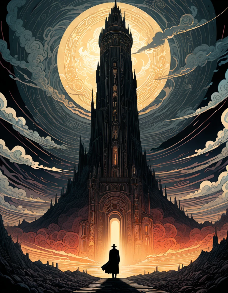 Kilian Eng Style page, Ancient Dark Tower, Towering high in the sky, Darkest Tower. sunlight filtering through clouds, It depicts powerful themes such as "death" "ruin" and "madness", Ligne claire, Bande Dessinée, moody color palette, mysterious atmosphere, fantasy landscape, Line art, style inspired by Gustav Klimt, The Major Works of H. P. Lovecraft