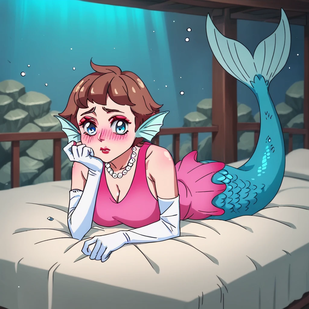 Full body, 1boy, solo, alone, bed at underwater, bubble airs underwater, red lips, brown hair, short hair, spike hair, fin ears, finger fins, blue eyes, red eyeshadow, pink blush, pink lips, shy, large breasts, lying on bed, on stomach, mermaid tail lying up, Laura La Mer mermaid dress, pink mermaid dress, bulge large penis under mermaid dress, white elbow gloves, pearl necklace, 