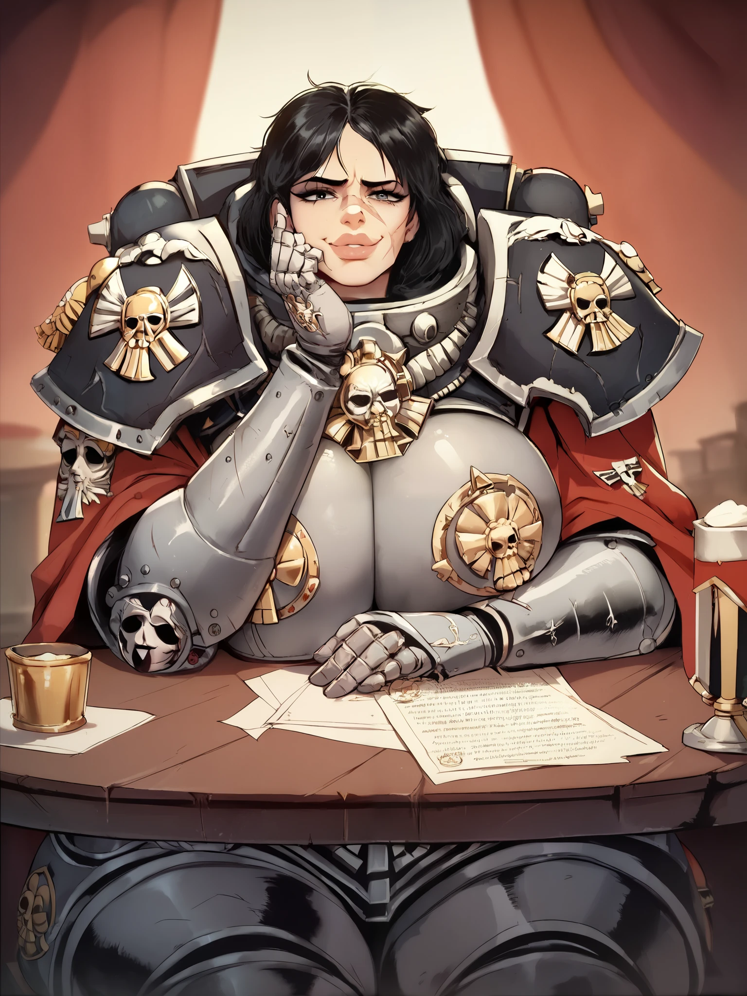 source_anime,  Warhammer 40k Sisters of battle/sororitas, white black hair, sister of battle order of the sacred rose, mature, scars,
1girl, big lips, solo, beautiful eyes, detailed face, sitting at restaurant table, wearing Sisters of battle/sororitas armor,  huge breasts, enormous breasts, breasts on table, thickthighs under the table, legsspread, legsopen, , teasing, flashing, smug, chin_rest, facing viewer, looking at viewer