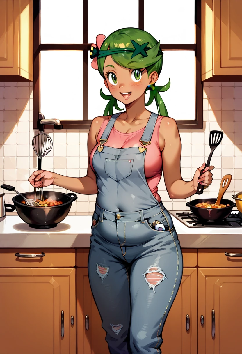 Illustration, realistic proportions, adult Mallow from Pokemon, 25 years old, pink shoulder free sleeveless top, grey overalls over top, chubby, standing in kitchen, cooking