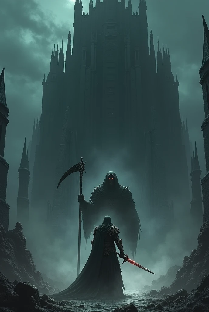 A massive dark tower looming in the background, guarded by an enormous reaper at the entrance, while a brave warrior stands defiantly in front, ready to face the challenge. The scene is filled with ominous shadows and an eerie atmosphere, emphasizing the contrast between light and dark. The warrior is clad in intricate armor, wielding a glowing sword, and the reaper has an intimidating scythe, surrounded by swirling dark mist. Fantasy art style, high detail, dramatic lighting.