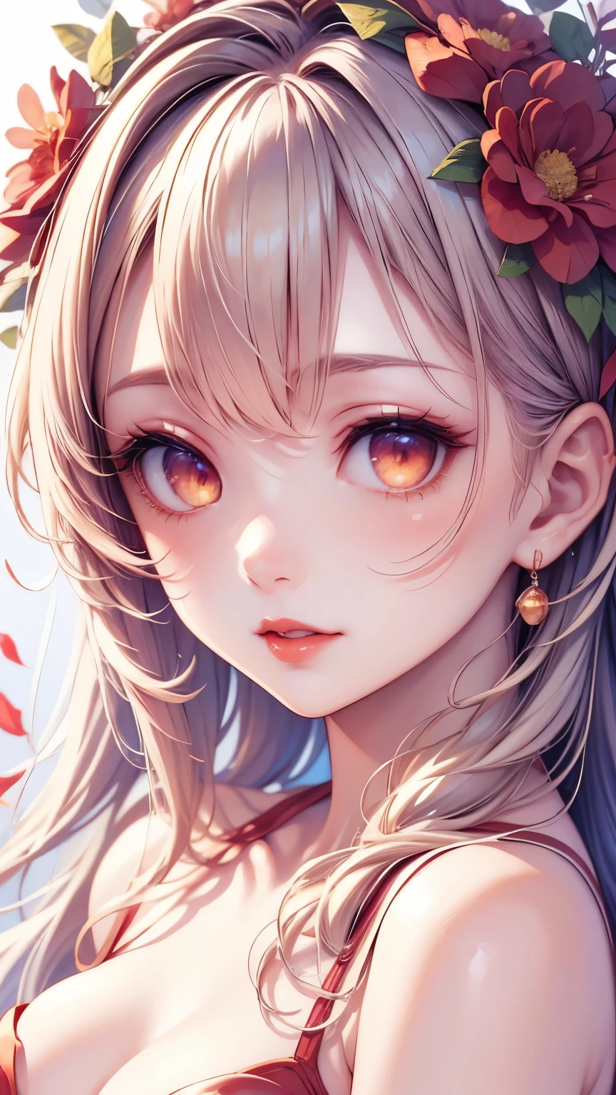 (masterpiece),( top quality:1.0), ( super high resolution :1.0),   detailed illustration, 8k, Anime,  1 girl , beautiful Anime girl,  wearing a red dress , flower crown, pretty face,  detailed face ,   beautiful eyes ,  detail eyes, Crimson Eyes, Bright red lips, Red lipstick,  beautiful stylish hair,  Hair Highlights , bangs Anime style,  top quality, vibrant breasts , 