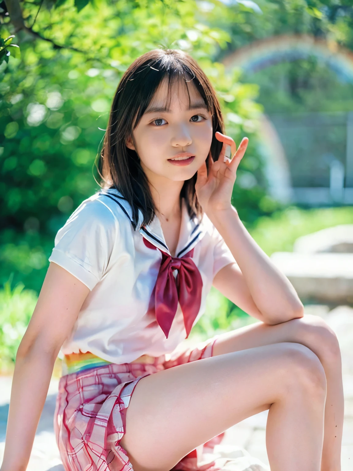 (大きなsmile:1.3),(smile:1.3),( very beautiful face , beautiful lips, beautiful eyes ), ( realistic silk panties:1.3),( white panties:1.3),( Watch the audience directly :1.3),( big eyes:1.2),(Double Rainbow:1.3),( has long eyelashes:1.2),32K,( short sleeve white sailor suit , Pink color sailor suit, red tie),(Pink tartan check pleated mini skirt,)、 1 Japanese girl , brown loafers, loose socks,(Beautiful Teeth:1.1), masterpiece, RAW photo, top quality, realistic , High Definition CG Unity 32K Wallpaper , ( I can see your legs , A large, green park), (( very detailed skin)) super idol , clear eyes, ( slender figure、Waistline、Thin legs、 thin thighs )