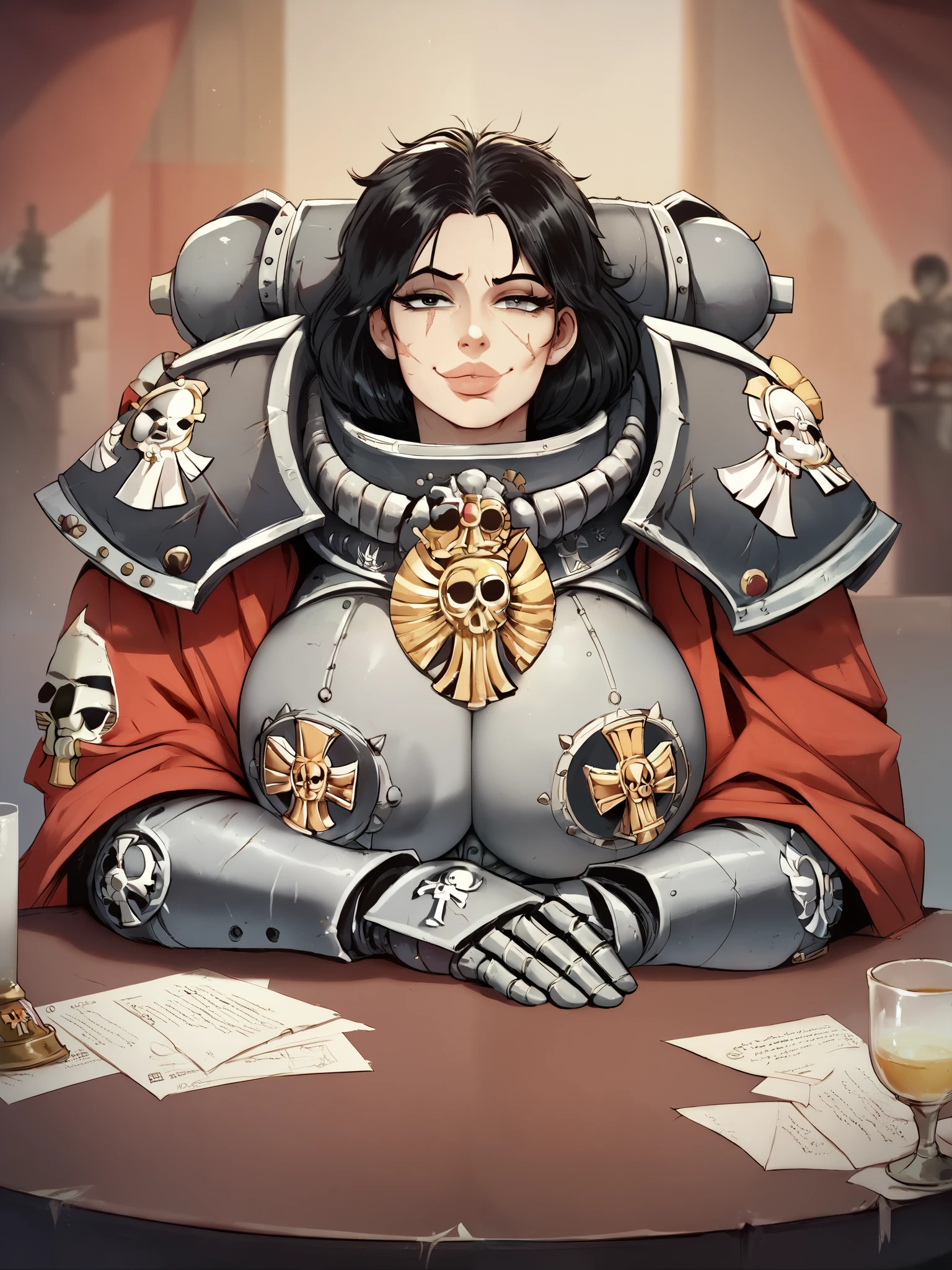 source_anime,  Warhammer 40k Sisters of battle/sororitas, white black hair, sister of battle order of the sacred rose, mature, scars,
1girl, big lips, solo, beautiful eyes, detailed face, sitting at restaurant table, wearing Sisters of battle/sororitas armor,  huge breasts, enormous breasts, breasts on table, thickthighs under the table, legsspread, legsopen, , teasing, flashing, smug, chin_rest, facing viewer, looking at viewer