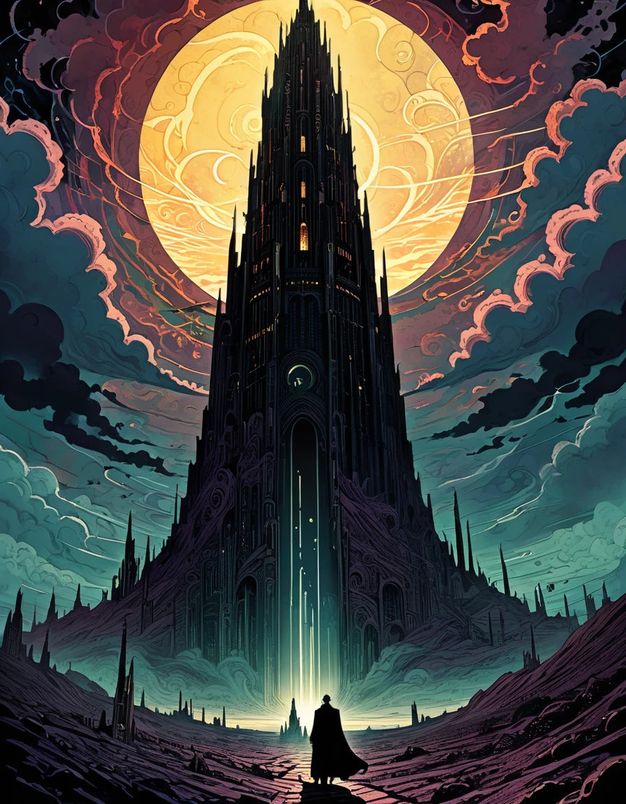 Kilian Eng Style page, Ancient Dark Tower, Towering high in the sky, Darkest Tower. sunlight filtering through clouds, It depicts powerful themes such as "death" "ruin" and "madness", Ligne claire, Bande Dessinée, moody color palette, mysterious atmosphere, fantasy landscape, Line art, style inspired by Gustav Klimt, The Major Works of H. P. Lovecraft