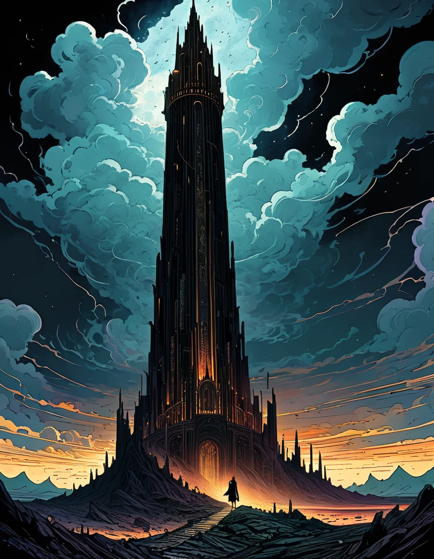 Kilian Eng Style page, Ancient Dark Tower, Towering high in the sky, Darkest Tower. sunlight filtering through clouds, It depicts powerful themes such as "death" "ruin" and "madness", Ligne claire, Bande Dessinée, moody color palette, mysterious atmosphere, fantasy landscape, Line art, style inspired by Gustav Klimt, The Major Works of H. P. Lovecraft