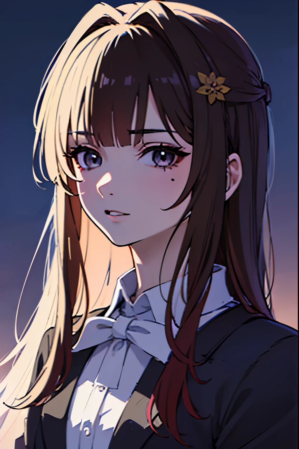 Anime girl with long hair in a suit and a bow,  realistic anime art style , anime girl portrait,  soft anime cg art , beautiful anime high school girl, realistic young anime girl,  portrait of an anime girl ,  anime style . 8K,  anime moe art style , Beautiful anime portrait,  High quality anime art style ,  anime style  portrait, attractive anime girl