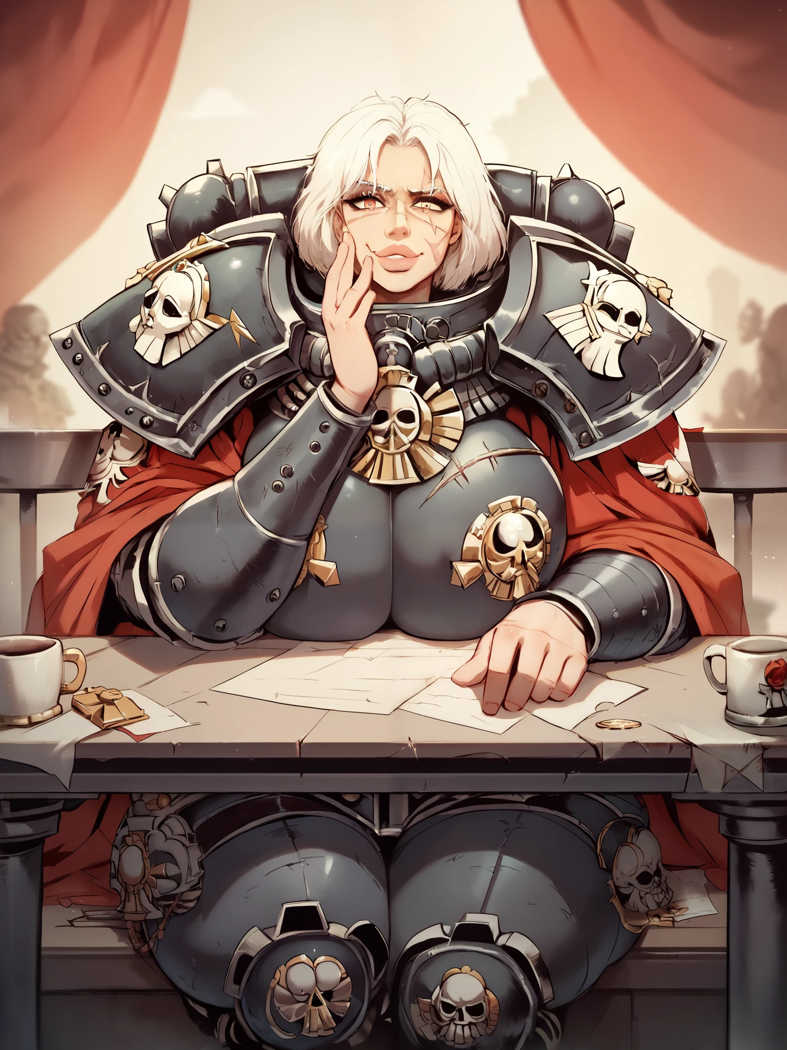 source_anime,  Warhammer 40k Sisters of battle/sororitas, white hair, sister of battle order of the sacred rose, mature, scars,
1girl, big lips, solo, beautiful eyes, detailed face, sitting at restaurant table, wearing Sisters of battle/sororitas armor,  huge breasts, enormous breasts, breasts on table, thickthighs under the table, legsspread, legsopen, , teasing, flashing, smug, chin_rest, facing viewer, looking at viewer