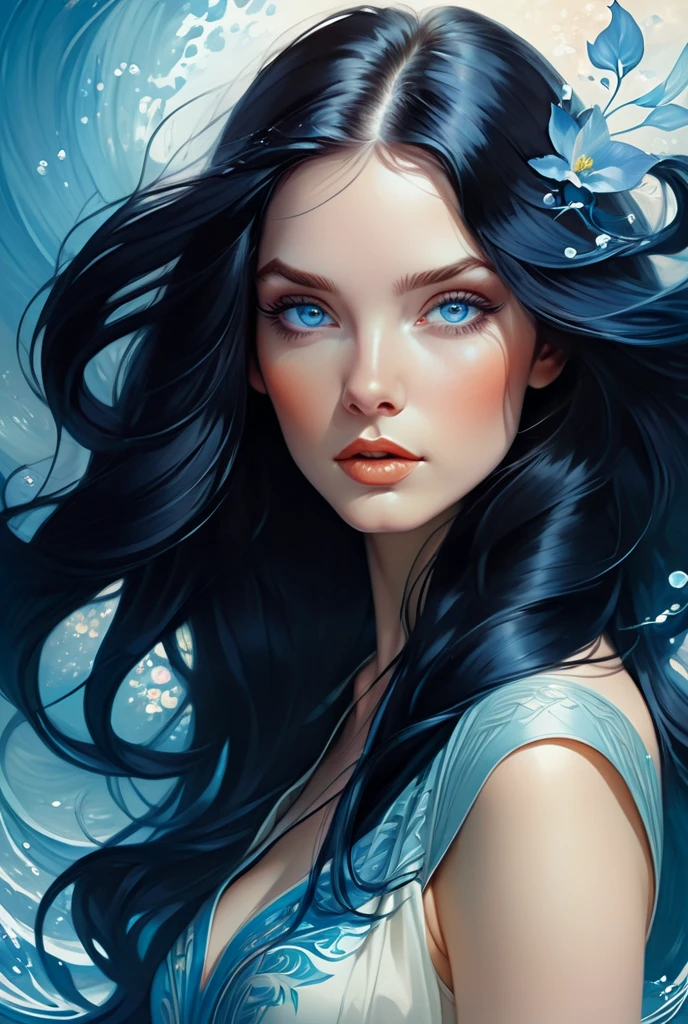  of a woman with long black hair and blue eyes,  in Bowater's art style , anna dittmann alberto vargas,  artgerm Julie Bell Beeple , fantasy art portrait,  digital painting style ,  high quality digital painting , beautiful fantasy art portrait, fantasy portrait art, WLOP painting style, artgerm style