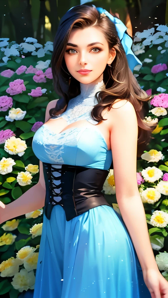 (obra maestra), (Mejor calidad), (extremadamente detallado), Alice Liddell, Vestido azul, Delantal blanco, Cinta negra para el cabello, calcetines largos blancos, linda pose, in a flower garden, (estanque), (((Castillo de Disney al fondo))), (cielo azul), (sunny day), 3D. illustration, buenos momentos destacados, proporciones perfectas, dynamic, profesional, premiado, (Piel muy detallada), (cara muy detallada), fotorrealista, HDR, ultra high resolution, absurdos, busty.