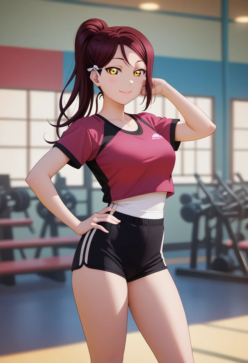 masterpiece, best quality,realistic anime art, solo, wearing sports clothes,large breasts ,dark red hair ,short sleeves, thighs,yellow eyes , sakurauchi riko love live , standing , looking at viewer,(lipstick:0.7),closed mouth, ponytail,half closed eyes , smile,layerd shorts,layerd tank top, right hand on hip, left hand up behind head