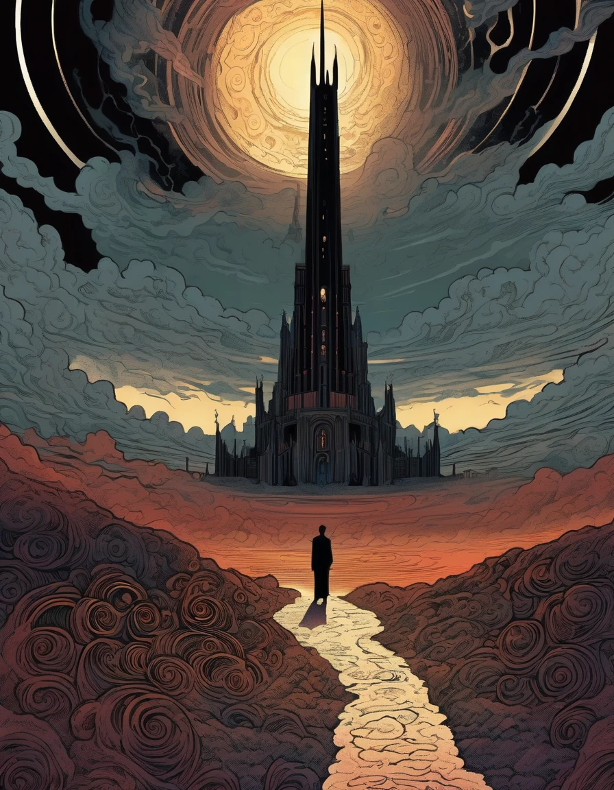 Kilian Eng Style page, Ancient Dark Tower, Towering high in the sky, Darkest Tower. sunlight filtering through clouds, It depicts powerful themes such as "death" "ruin" and "madness", Ligne claire, Bande Dessinée, moody color palette, mysterious atmosphere, fantasy landscape, Line art, style inspired by Gustav Klimt, The Major Works of H. P. Lovecraft