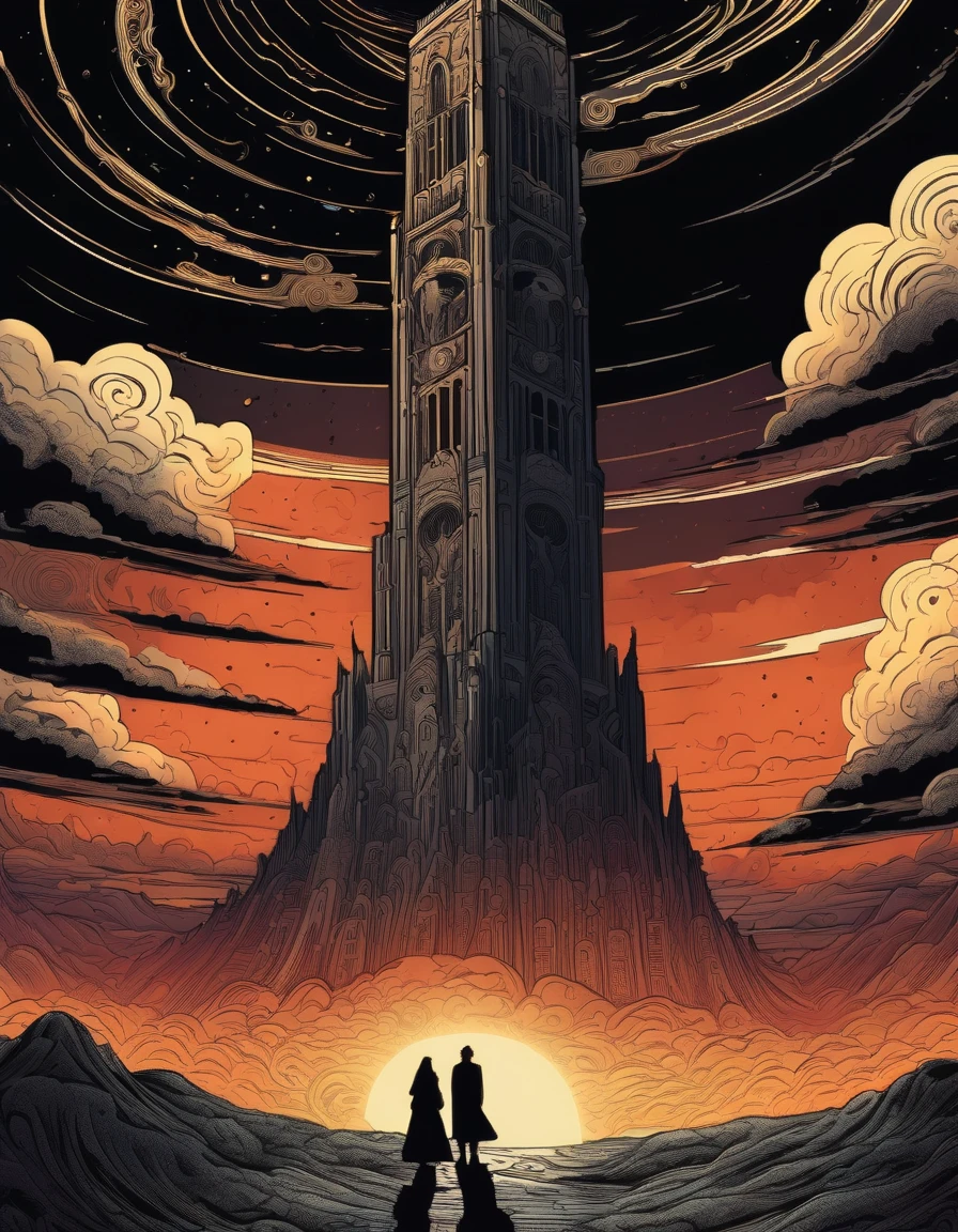 Kilian Eng Style page, Ancient Dark Tower, Towering high in the sky, Darkest Tower. sunlight filtering through clouds, It depicts powerful themes such as "death" "ruin" and "madness", Ligne claire, Bande Dessinée, moody color palette, mysterious atmosphere, fantasy landscape, Line art, style inspired by Gustav Klimt, The Major Works of H. P. Lovecraft