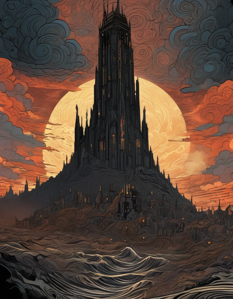 Kilian Eng Style page, Ancient Dark Tower, Towering high in the sky, Darkest Tower. sunlight filtering through clouds, It depicts powerful themes such as "death" "ruin" and "madness", Ligne claire, Bande Dessinée, moody color palette, mysterious atmosphere, fantasy landscape, Line art, style inspired by Gustav Klimt, The Major Works of H. P. Lovecraft