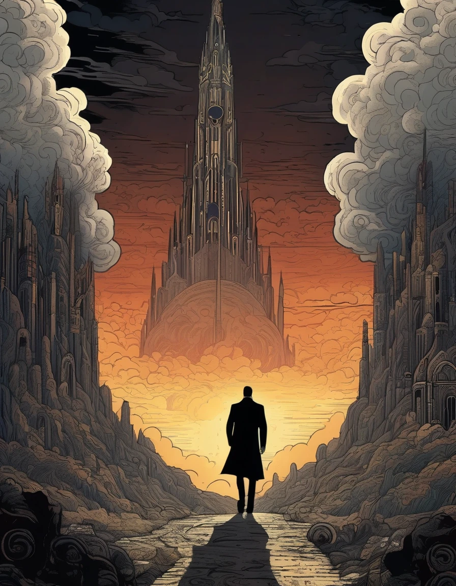 Kilian Eng Style page, Ancient Dark Tower, Towering high in the sky, Darkest Tower. sunlight filtering through clouds, It depicts powerful themes such as "death" "ruin" and "madness", Ligne claire, Bande Dessinée, moody color palette, mysterious atmosphere, fantasy landscape, Line art, style inspired by Gustav Klimt, The Major Works of H. P. Lovecraft