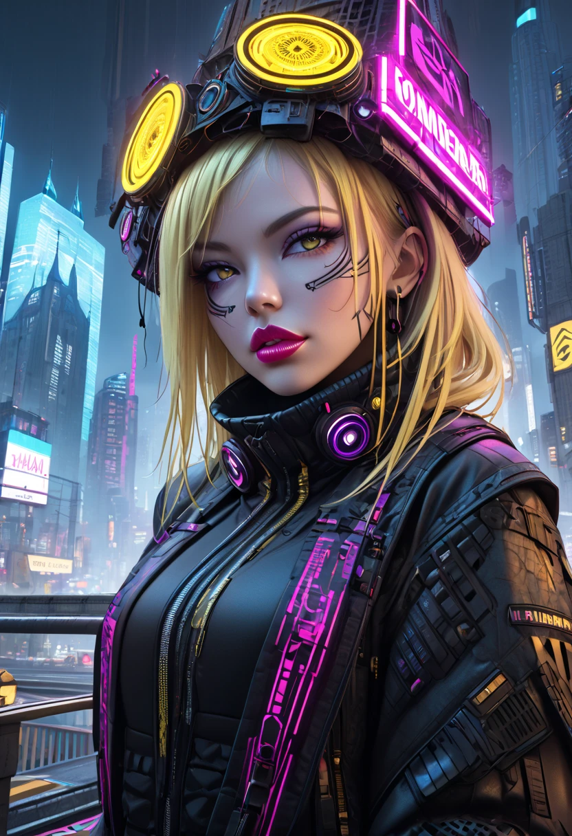 1girl, cyber shaman, blonde hair, bracelet, cityscape, clock tower, neon cyberpunk, cybeware, lips, looking at viewer, realistic, road sign, skyline, skyscraper, solo, stadium, tokyo \(city\)