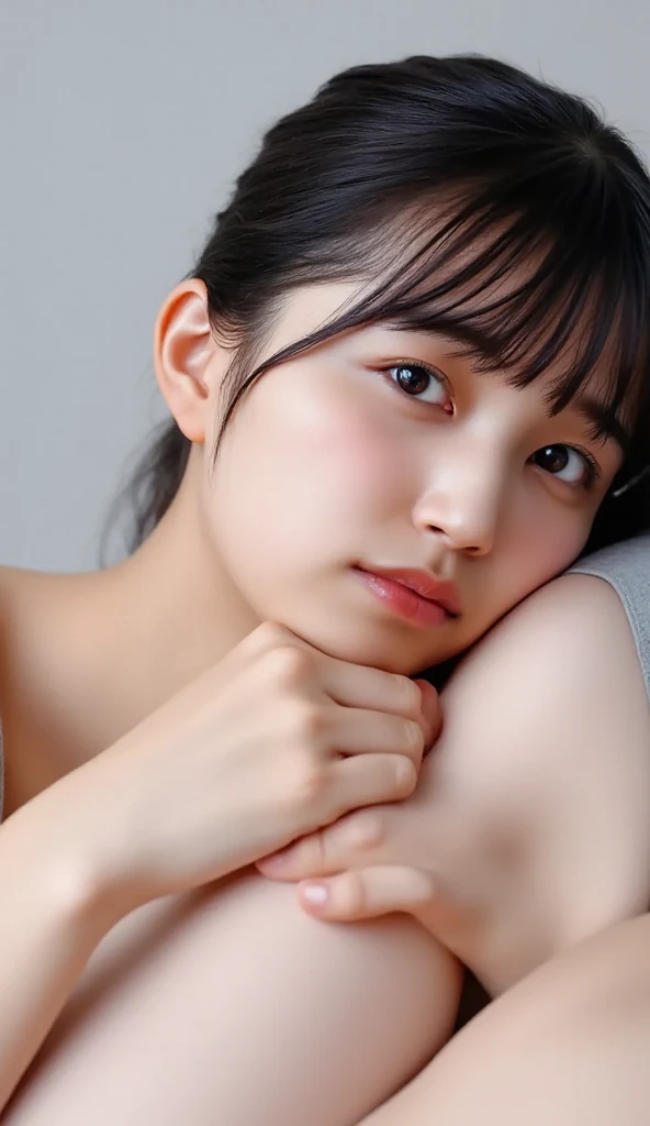 A high resolution photograph of a young Japanese woman, intricate details, professional lighting, sharp focus, solo, 1girl, posing for gravure photography, (full frontal, completely nude, naked, lying in the bed, covering own nipples with both hands:1.4), slender body, fair skin, detailed face, detailed eyes, sophisticated nose, after sex, ashamed, lewdlook, (perfect hand, perfect anatomy, correct anatomy), indoors, bed room in luxury hotel, at night,