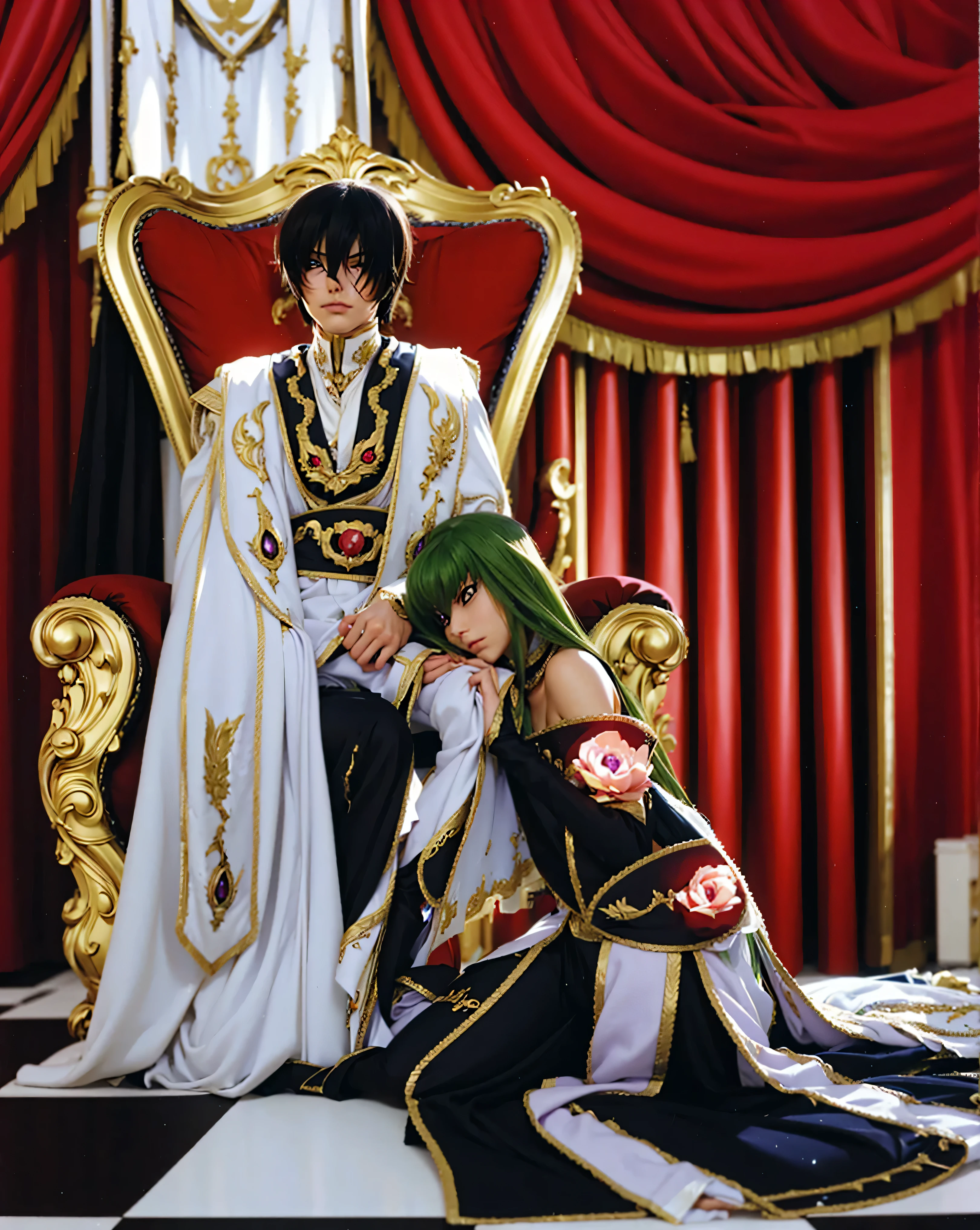 (LELOUCH AND C.C EMPEROR_CODE GEASS),((realistic, photorealistic)),(highlight hair)), Light reflection, (( HD )),((upper body)), (((best quality, masterpiece))), (masterpiece) (best quality) (detail) (8k) (HDR) (wallpaper) (cinematic lighting) (sharp focuasterpiece, best quality: 1.1), Real life adaption of this character, realistic outfit, realistic shadow, realistic light, realism, hyper realistic, realistic background,realistic hair,(photorealistic:1.2), (masterpiece: 1.2), (best quality: 1.3), (clear details: 1.3), ((((ultra-detailed)))), ((detailed eyes)), (extremely detailed face:1.4), (highly detailed eyelash:1.6),
(Masterpiece, Best quality, best shadow), (detailed background),(masterpiece, best quality:1.2), lelouch lamperouge, Two people in one picture,, holding mask, looking at viewer, standing, short hair, purple eyes, geass black cape, black gloves, brown hair, cape, formal, gloves, high collar, long sleeves, mask, pants, purple footwear, purple pants, purple suit, suit, professional lightning, spotlight,  core_9, score_8_up, score_7_up, score_6_up, score_5_up, score_4_up, BREAK source_anime, c.c., yellow eyes, green hair, long hair,medium breasts, white bodysuit, straitjacket, white long sleeves, white wide sleeves, standing,Red curtain background, royal chair, sitting on a chair, black and white floor,Bright red, realistic hair,