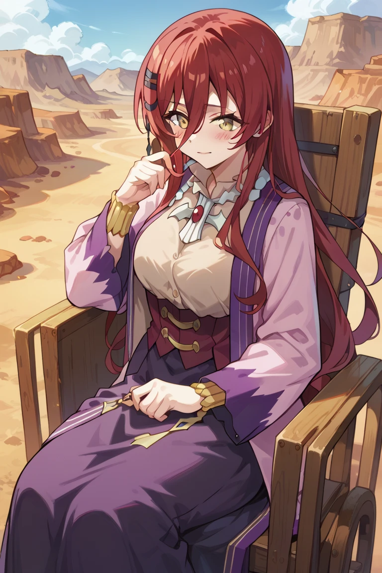 grimm grimoire, grimm grimoire from Sentouin, Hakenshimasu! , cm height cleavage, sexy body, perfect tits, hourglass figure, blush, woman with long red hair sitting on a wooden throne she is wearing a purple dress with a high neckline and long sleeves the dress has a ruffled hemline and is cinched at the waist with a gold belt the woman has a happy expression on her face and is resting her chin on her hand the background is a desert like landscape with orange and yellow hues the overall mood of the image is peaceful and serene