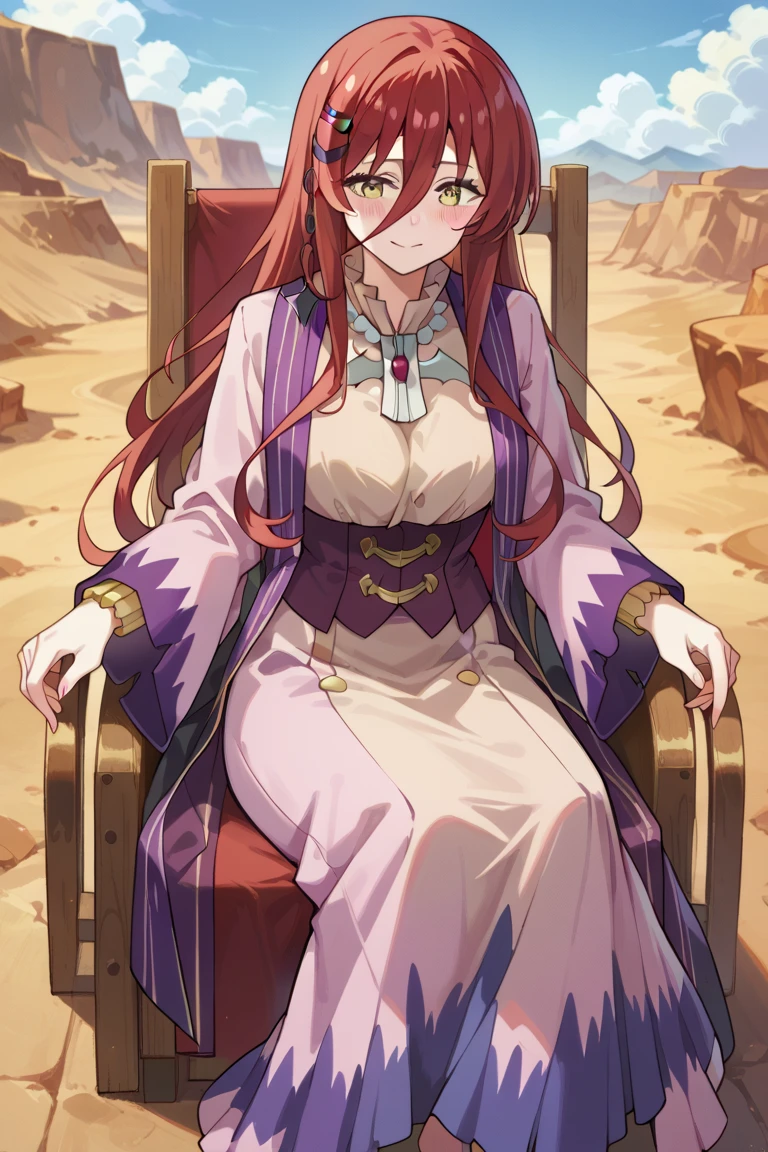 grimm grimoire, grimm grimoire from Sentouin, Hakenshimasu! , cm height cleavage, sexy body, perfect tits, hourglass figure, blush, woman with long red hair sitting on a wooden throne she is wearing a purple dress with a high neckline and long sleeves the dress has a ruffled hemline and is cinched at the waist with a gold belt the woman has a happy expression on her face and is resting her chin on her hand the background is a desert like landscape with orange and yellow hues the overall mood of the image is peaceful and serene