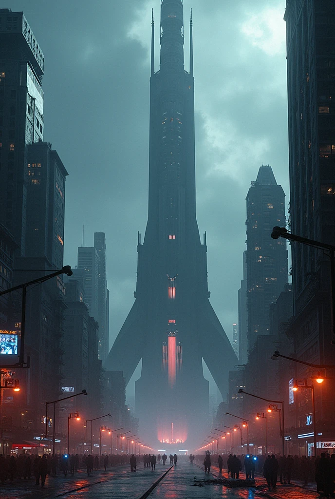 A futuristic city skyline featuring a towering dark spire in the center, surrounded by sleek skyscrapers, neon lights, and advanced technology. The atmosphere is moody and mysterious, with a hint of sci-fi elements. The tower is imposing and intricately designed, casting long shadows over the bustling streets below. High detail, cinematic lighting, and a vibrant color palette.