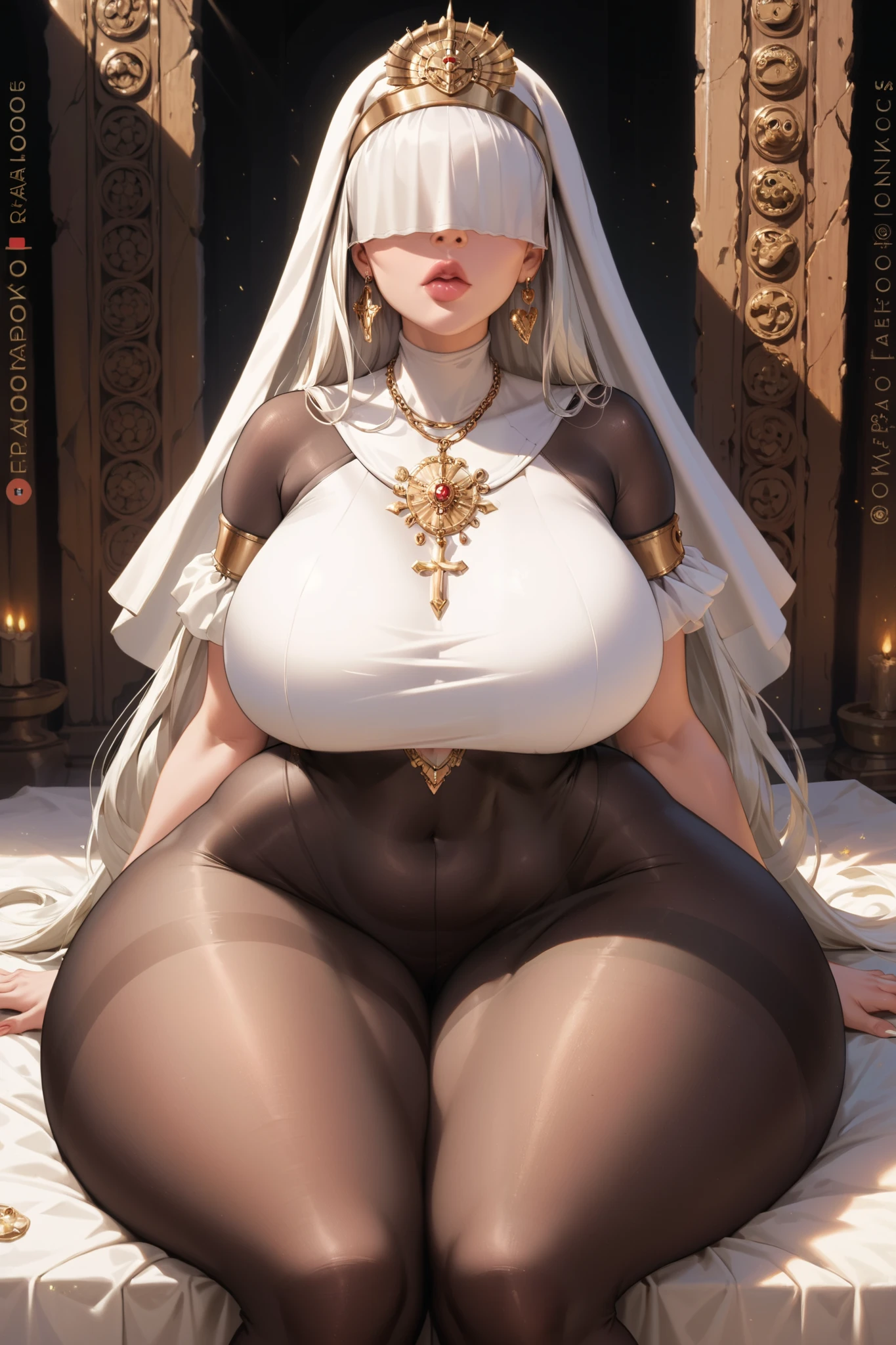 white skin, astral veil, white hair, long hair with bangs, white nun, golden jewelry, bodystocking, Heart shaped lips, covered eyes, expressionless face, senos enormes, bottomheavy, gigantic ass, massive thighs, (obra maestra, altamente detallado, la mejor calidad, 8k), cuerpo metálico, conciencia gestalt, ancient mage, sacred robes, sitting, looking up, front view