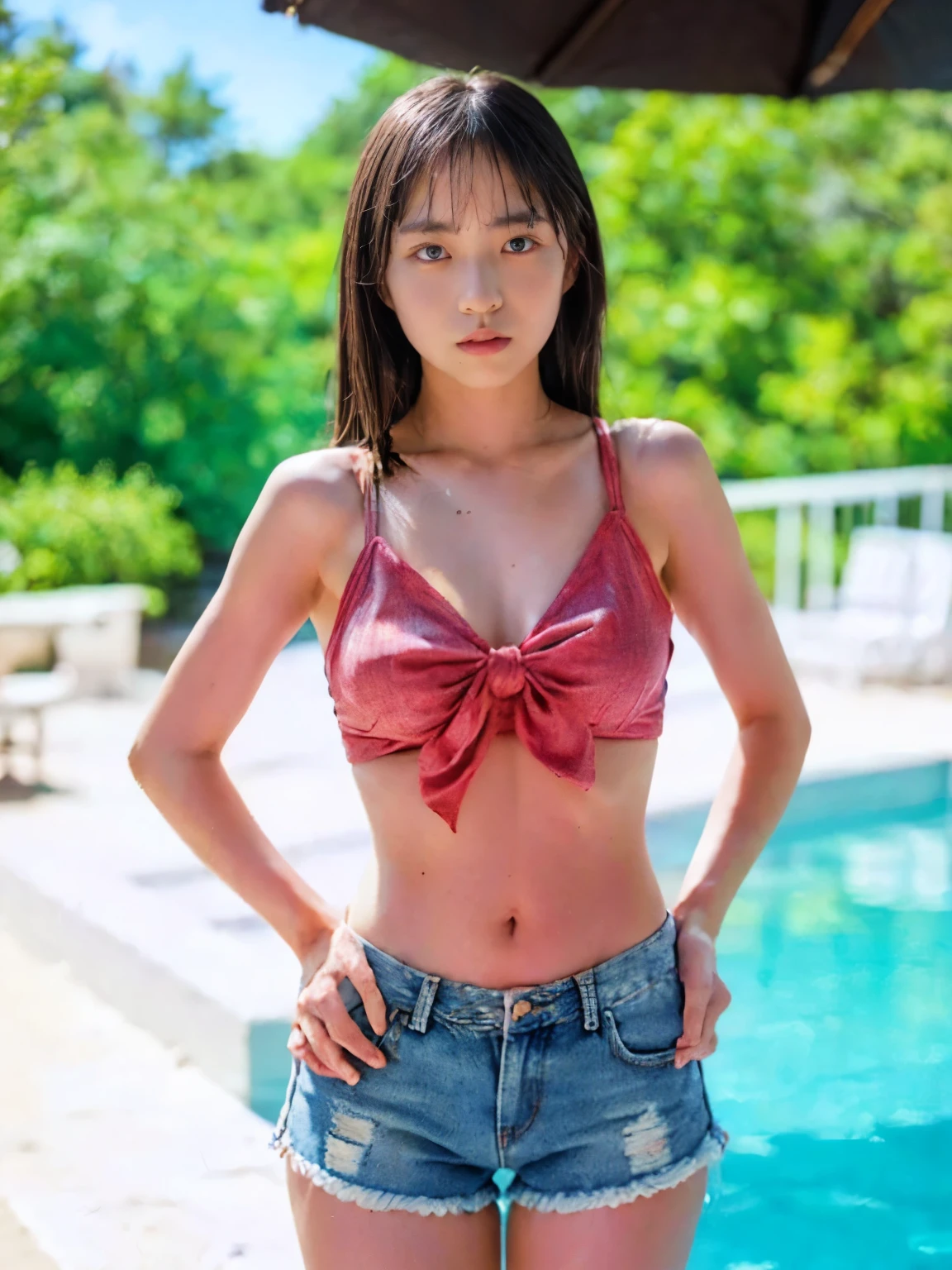 top quality、8k、masterpiece、 super high resolution 、( Photorealistic:1.4)、Original photo、 2 girls in 2、 dark brown medium hair、Healthy tanned skin、 Kiri Reina female、 1 girl、、Slim Abs:1.1、 dark brown hair with open eyes、(Standing by the pool 、 has her hands on her hips :1.2)、((cherry pink bikini top 、 damage micro denim shorts、beach、Navel exposed、whole body、 standing、Beautiful breasts、Nipples))、 very detailed face、whole bodyが写っている、whole body、 very detailed lips、 detailed eyes on board、 double eyelids in judo uniforms、 Slender Woman、