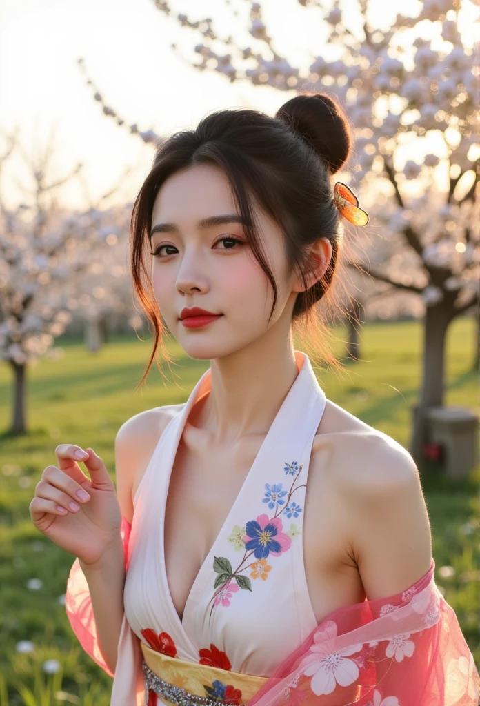 Low angle shot of beautiful so sexy Japanese woman walking pose, white skin, wave bun hair, small breasts, very loose deep colorful Hanbok flower printed, bare shoulder, a butterfly on hair, short pants, no buttons, bares skin, clearly revealing a beautiful, no underwear, bare shoulders, tilt face up, raise hand, hand to hold the collar of Hanbok, morning sunrise, rim light, vintage flowers background, Gigapixel image, perfect small breasts with a beautiful neck, the overall mood of the image is sensual and gorgeous. Busty, curvy, Windy, intricate detail, romantic scene, heavy shadow, highly detailed, intricate, innocent, illuminated, fine detail, clear, aesthetic, stunning, presenting in a professional and elegant manner.  natural makeup that enhances her features, with a focus on clear skin and a subtle glow. 