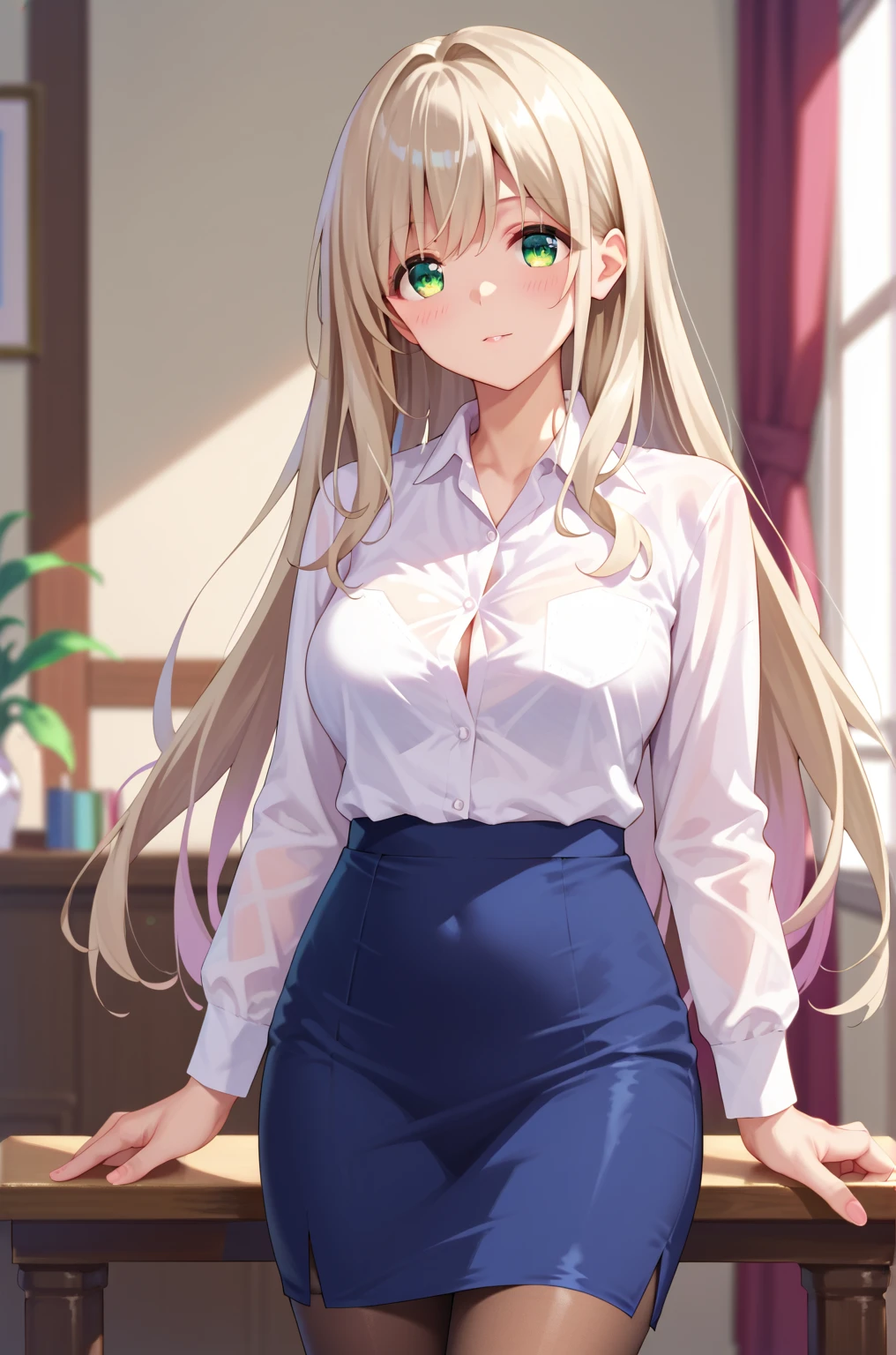 masterpiece, best quality, 8k Ultra HD, extremely delicate detailed, nonomi izayoi, cowboy shot, shoot from front, solo, beautiful face, light green eyes, (finely detailed eyes, beautiful eyes), large and beautiful breasts, (long hair, light Ivory hair), blush, standing, white business shirt, pencil skirt, pantyhose,