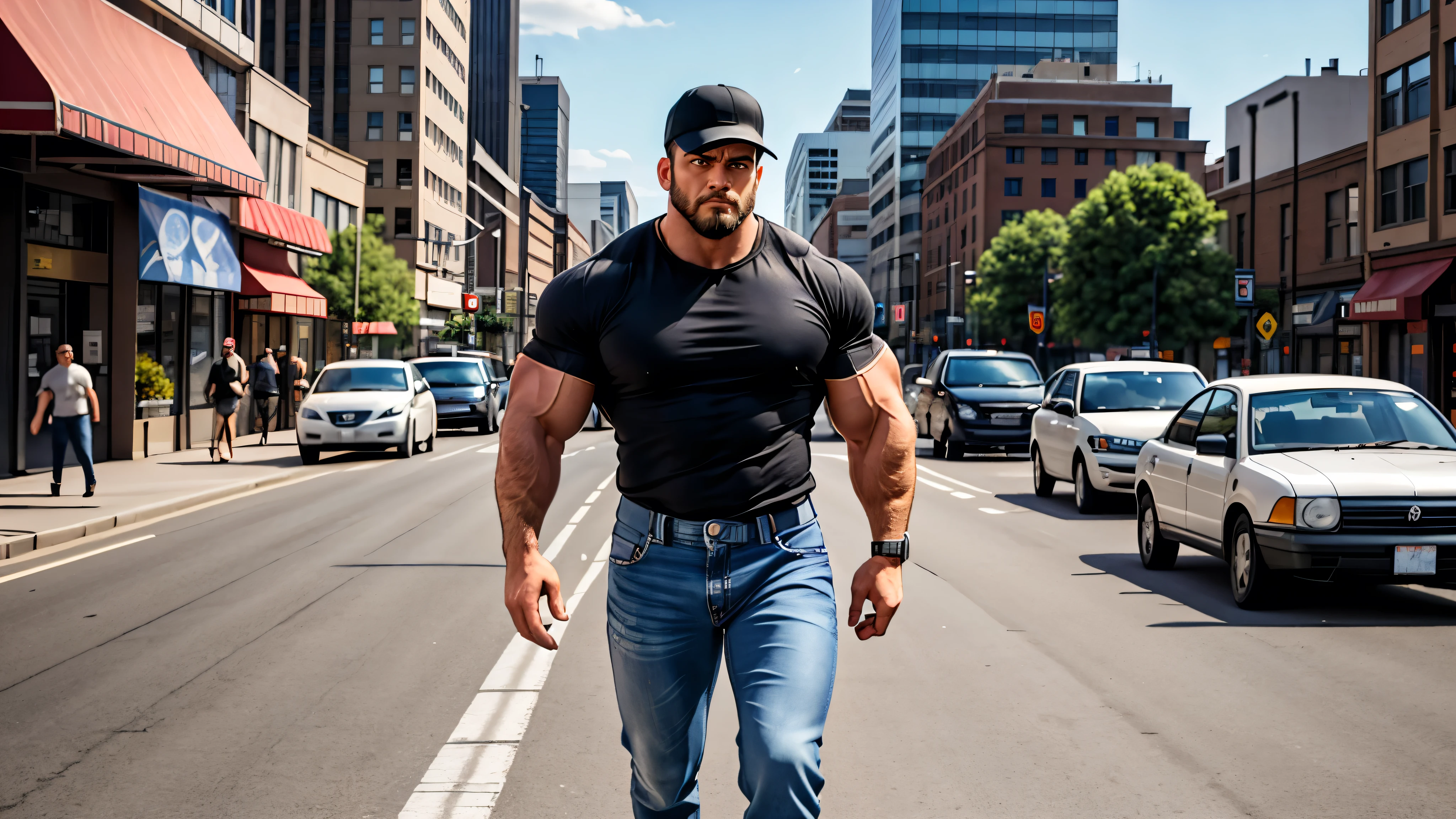 Rugged, muscular man, 35 years old, standing still in the center of a bustling city street. He wears blue jeans, black military boots, a plain black t-shirt, and a baseball cap, with black hair slightly visible beneath the cap and a short, thick black beard. He stands confidently with a powerful, no-nonsense expression, exuding strength and masculinity. The scene is bright and sunny, with young, attractive women walking past him, creating a sense of vibrant city life around him. The man is stationary, surrounded by dynamic movement, yet he remains still and imposing.