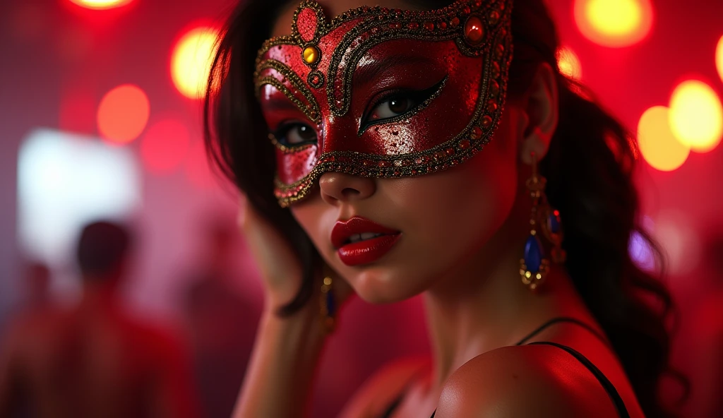 woman with a sensual mask, fashion sexy, black background, 8K, red light, smoke