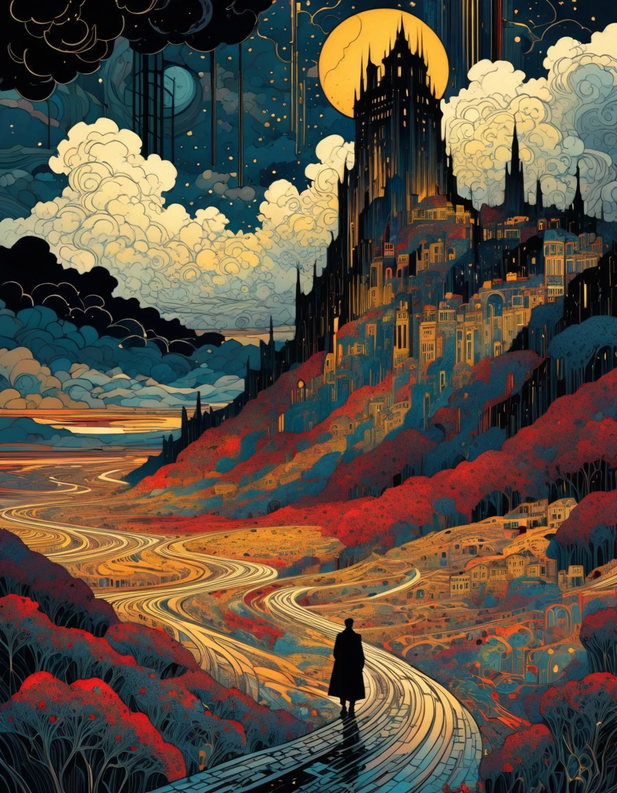 Kilian Eng Style page, Ancient Dark Tower, Towering high in the sky, Darkest Tower. sunlight filtering through clouds, It depicts powerful themes such as "death" "ruin" and "madness", Ligne claire, Bande Dessinée, moody color palette, mysterious atmosphere, fantasy landscape, Line art, style inspired by Gustav Klimt, The Major Works of H. P. Lovecraft