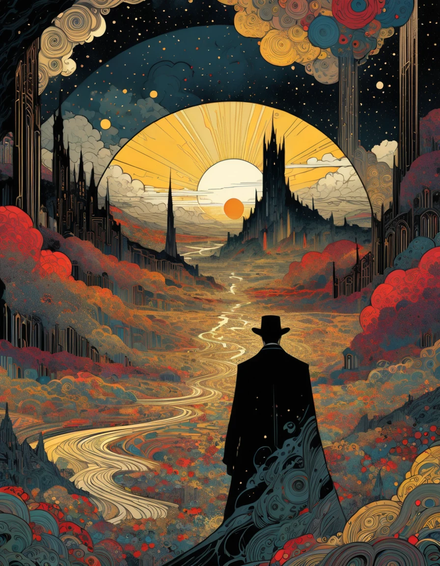 Kilian Eng Style page, Ancient Dark Tower, Towering high in the sky, Darkest Tower. sunlight filtering through clouds, It depicts powerful themes such as "death" "ruin" and "madness", Ligne claire, Bande Dessinée, moody color palette, mysterious atmosphere, fantasy landscape, Line art, style inspired by Gustav Klimt, The Major Works of H. P. Lovecraft