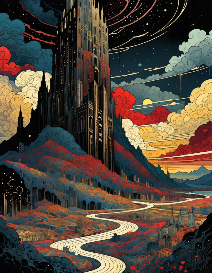 Kilian Eng Style page, Ancient Dark Tower, Towering high in the sky, Darkest Tower. sunlight filtering through clouds, It depicts powerful themes such as "death" "ruin" and "madness", Ligne claire, Bande Dessinée, moody color palette, mysterious atmosphere, fantasy landscape, Line art, style inspired by Gustav Klimt, The Major Works of H. P. Lovecraft