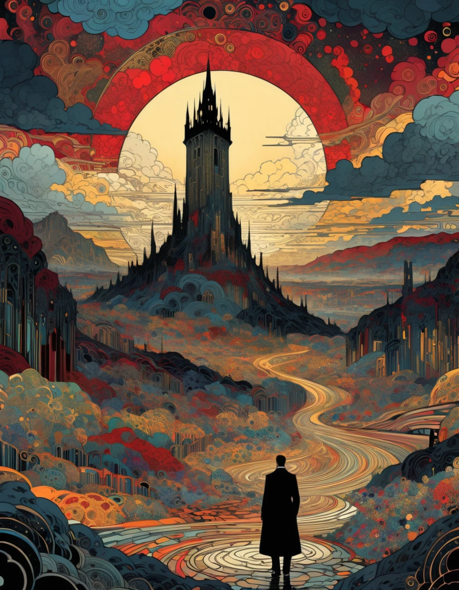 Kilian Eng Style page, Ancient Dark Tower, Towering high in the sky, Darkest Tower. sunlight filtering through clouds, It depicts powerful themes such as "death" "ruin" and "madness", Ligne claire, Bande Dessinée, moody color palette, mysterious atmosphere, fantasy landscape, Line art, style inspired by Gustav Klimt, The Major Works of H. P. Lovecraft