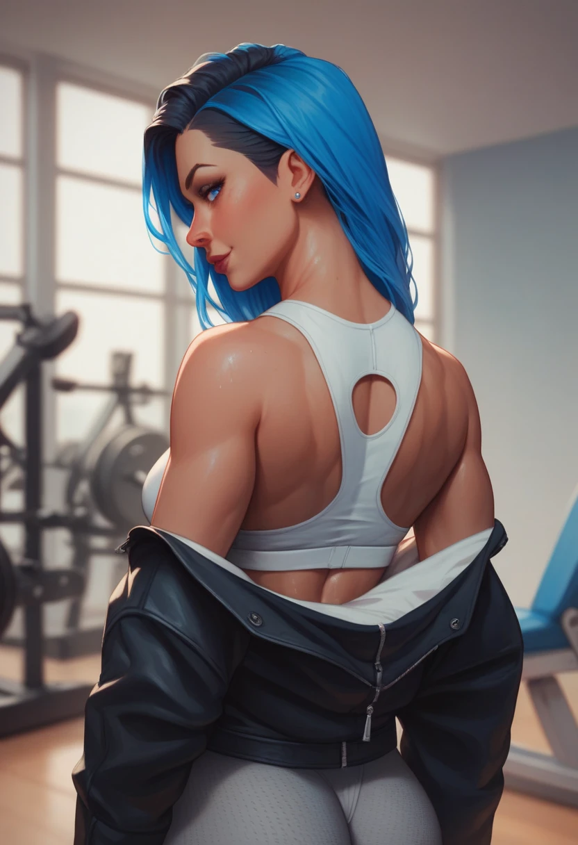 Realistic Anime,a fit woman with black and blue hair and orange eyes shining at the gym fanart anime with tattoos