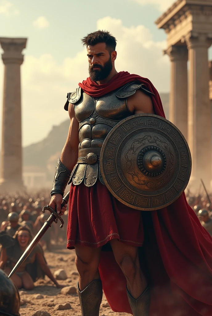 create a realistic image of a standing gladiator, full body, depicting a warrior inspired by Ancient Rome. He will be wearing leather armor with metal plates on his shoulders, a helmet with a visor, a round shield and a short sword (glaive). His expression will be determined, with visible scars, and he will be in a combat-ready, cinematic pose.
