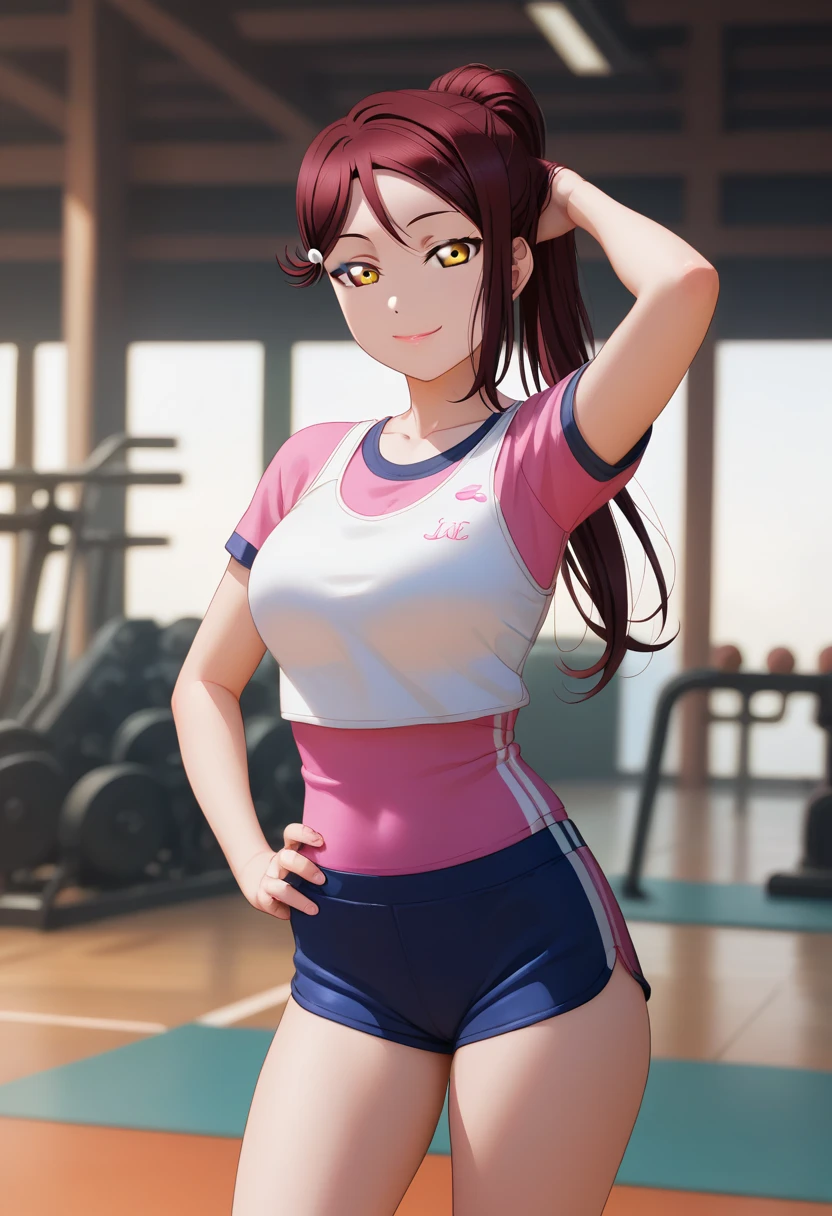 masterpiece, best quality,realistic anime art, solo, wearing sports clothes,large breasts ,dark red hair ,short sleeves, thighs,yellow eyes , sakurauchi riko love live , standing , looking at viewer,(lipstick:0.7),closed mouth, ponytail,half closed eyes , smile,layerd shorts,layerd tank top, right hand on hip, left hand up behind head