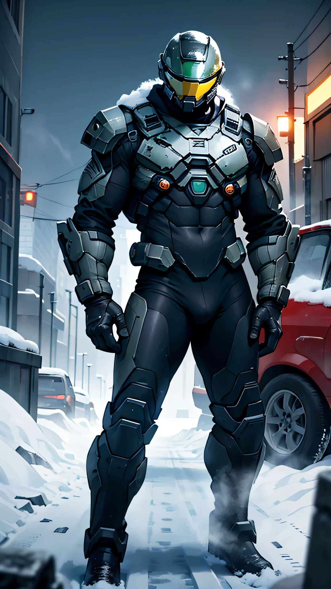 Movie poster, full body, character design (Resident Evil - Chris Redfield, Chris Redfield) wearing a milky white combat suit, standing alone on the snowy street, with a sad expression, deep and charming eyes, emerald-like pupils, muscle male heroes, heroic male postures, tall and burly, muscular! Sexy charming developed leg muscles, tall and burly, creamy white combat suit, super gain and cool, high resolution committee, mi-cream white combat boots, attractive strong male, warm yellow street lamp shining on the body, lonely