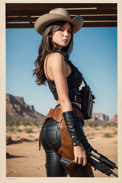 8K, Best Quality, Masterpiece, Ultra High Resolution, (Realism: 1.4), Original Photo, woman in a cowboy outfit and boots posing for a picture, dressed in belts bikini, cowgirl, wearing leather bikini, black leather harness, bottom angle, western cowgirl, female cowgirl, waist - shot, ashe, side shot, absolutely outstanding image, long shot from back, full length shot, looking from side, black bikini, long shot from the back