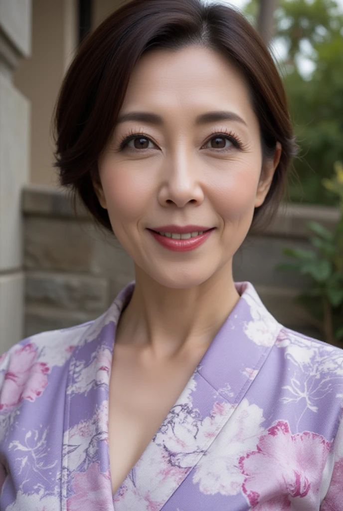 Mature Woman, ( detailed description of hair ), (Detailed description of the face), (Detailed description of the body), high definition , masterpiece,  top quality,  High Details, formal: 1.4), ( realistic : 1.2, 超 realistic な: 1.1,  realistic: 1.37), ( sharp focus: 1.4),  is written by,  physically-based rendering, half updo,  unrivaled beauty , (Ultimate beauty), (lipstick:1.1), ( eyeliner :1.2), ( mascara), ( Eye Shadow ), (48 years old,: 1.4), Japanese、 closeup 、 fine lines of laughter :1.2、seductive smile,(Lavender purple x hydrangea pattern kimono)、(Stone building background )