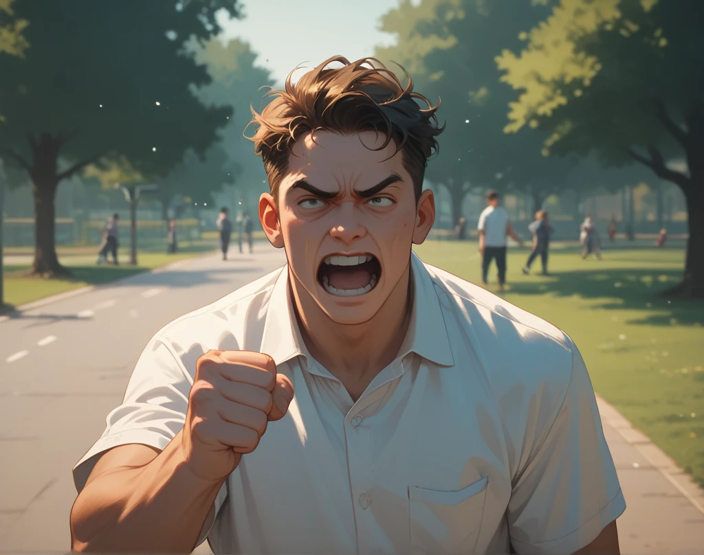 A male high school student who doesn't really understand the reason but is frustrated and clenches his fist in the park and looks upward and screams。