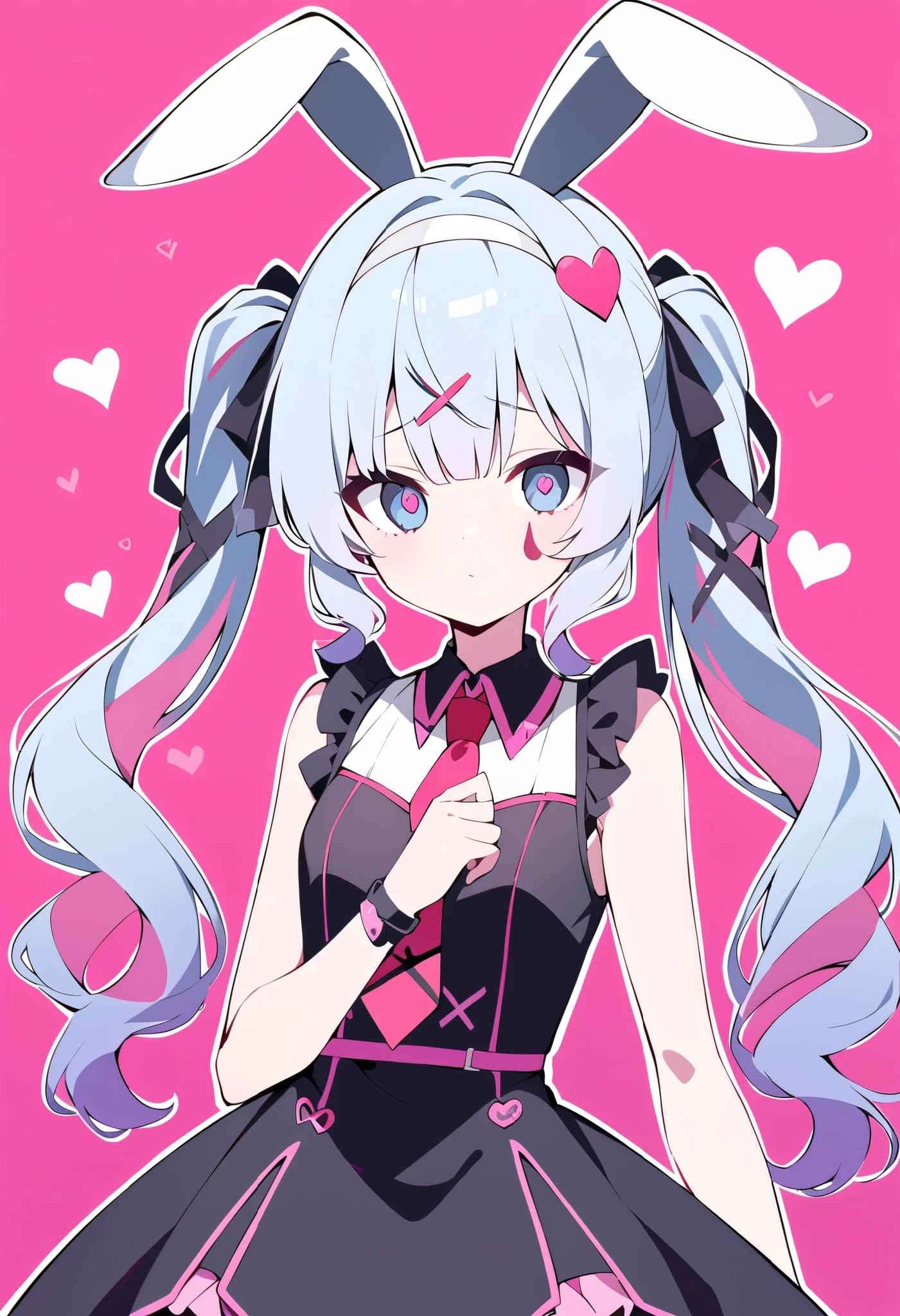  A stylized anime-style character illustration drawn on a bright pink background 。 The character has short light blue hair and the 、It is shaped like a twin tail 、 It has black ribbon-like accessories on both sides 。 The tip of the hair has a pink gradation 。 The character's eyes have expressive, slightly sad eyes with pink and blue highlights 、On the face「x」 stitch-like mark drawn on it 。Also、 with a small adhesive bandage on the top of the right eye 。 costume is a dark sleeveless dress with a 、 pink accents around the right side of the chest 、 It features a prominent red tie and a ruffled skirt 。 I'm wearing a rabbit ear headband with a small heart design on my head 。 The art style is a bold and minimalistic design using thick black outlines and bright flat colors。

