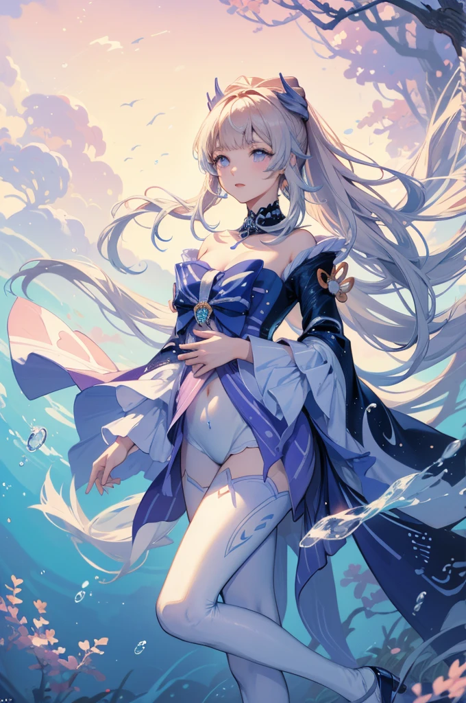(masterpiece), (High resolution), jingliu,1girl,white hair,long hair,ponytail,hair ribbon,red eyes, earrings, jewelry, blue dress,bare shoulders, detached sleeves,Stick your butt out、From the back、I can see your back、turn around、standing NSFW