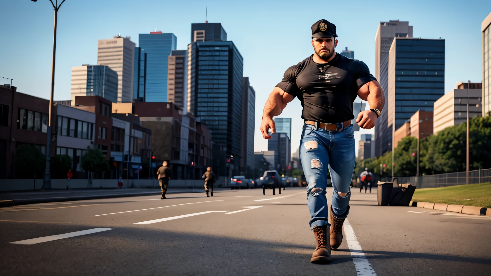 Rugged, muscular man, 35 years old, standing still in the center of a bustling city street. He wears blue jeans, black military boots, a plain black t-shirt, and a baseball cap, with black hair slightly visible beneath the cap and a short, thick black beard. He stands confidently with a powerful, no-nonsense expression, exuding strength and masculinity. The scene is bright and sunny, with young, attractive women walking past him, creating a sense of vibrant city life around him. The man is stationary, surrounded by dynamic movement, yet he remains still and imposing.